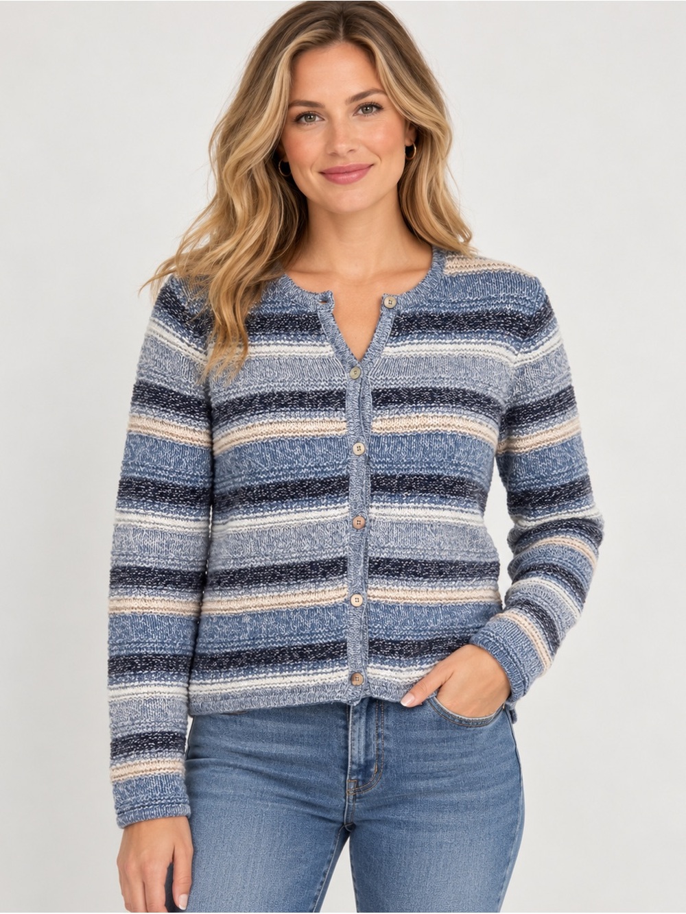 L.L.Bean Striped Textured Knit Cardigan Sweater Blue Cream Women’s M
